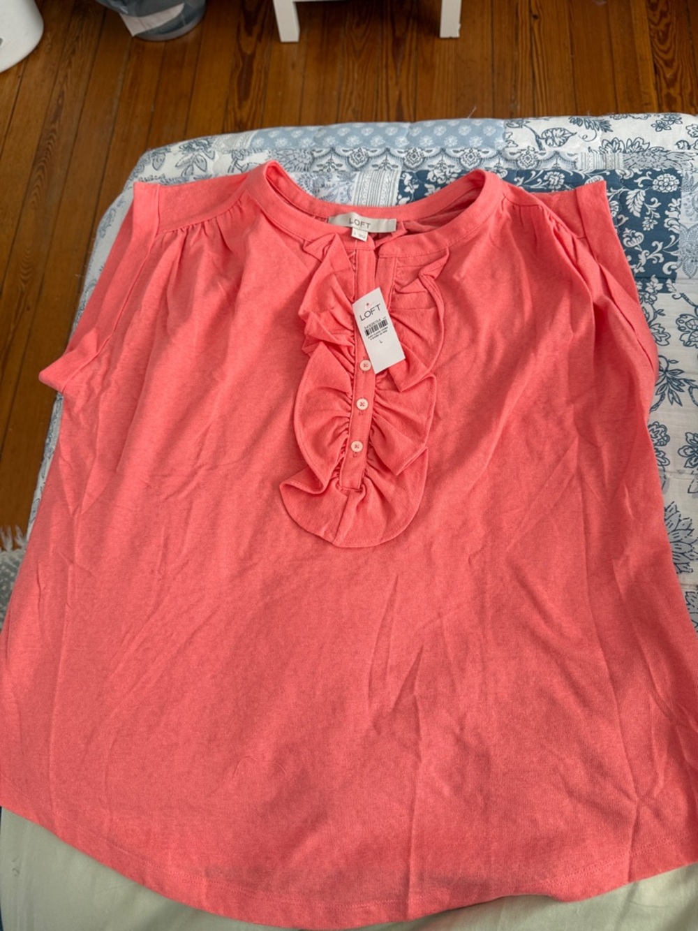 LOFT Coral Ruffle-Front Short Sleeve Blouse